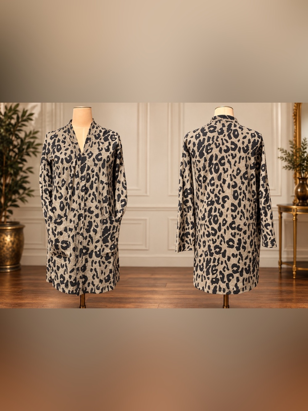 šTickled Teal Leopard Print Longline Open-Front Cardigan with Pockets